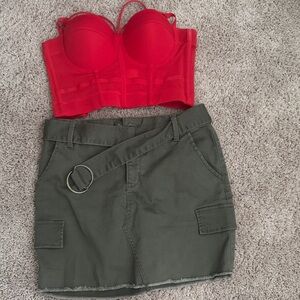 Red Bustier Top and Green Skirt Set